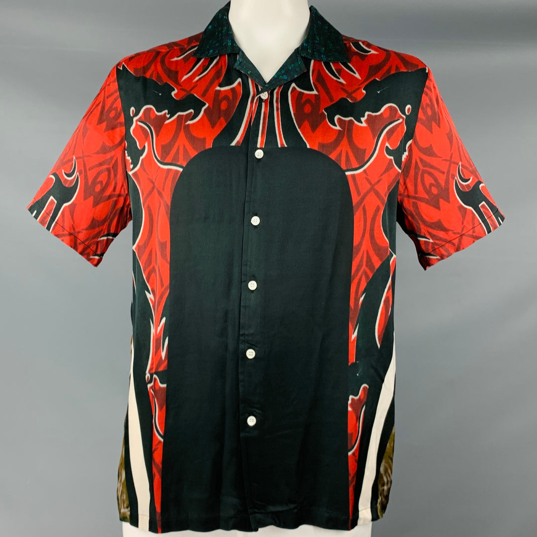 PHIPPS Size L -Dragon Warrior- Red Black Graphic Viscose Short Sleeve Shirt