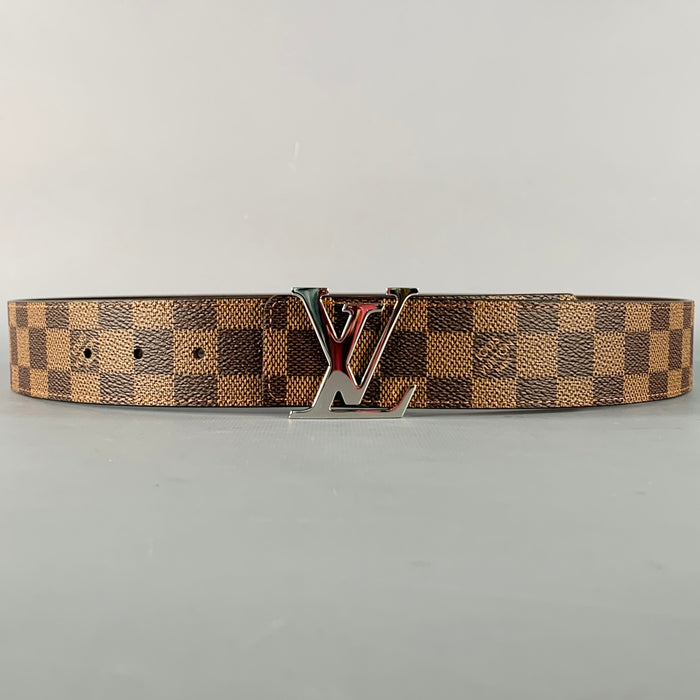 LOUIS VUITTON Size 38 LV Initiales Brown Beige Checkered Coated Canvas Belt