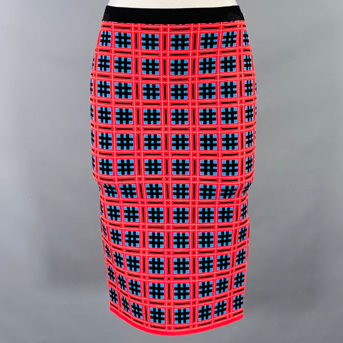 VERSACE Size S Red Blue Black Viscose Blend Geometric Pencil Knee Length Skirt