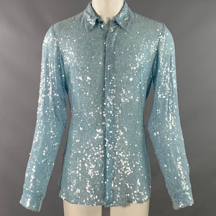 DRIES VAN NOTEN FW22 Size M Light Blue Sequined Viscose Long Sleeve Shirt