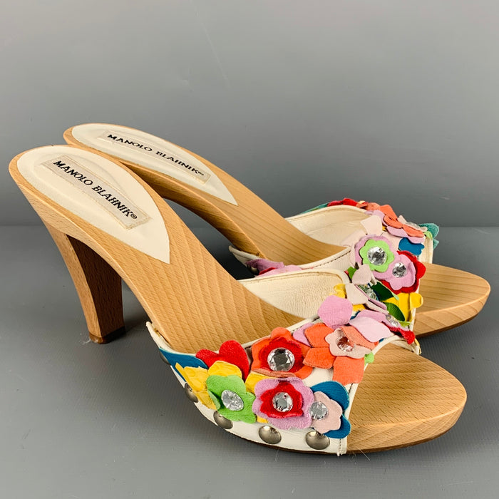 MANOLO BLAHNIK Size 8 Multi Color Suede Floral Applique Clog Sandals