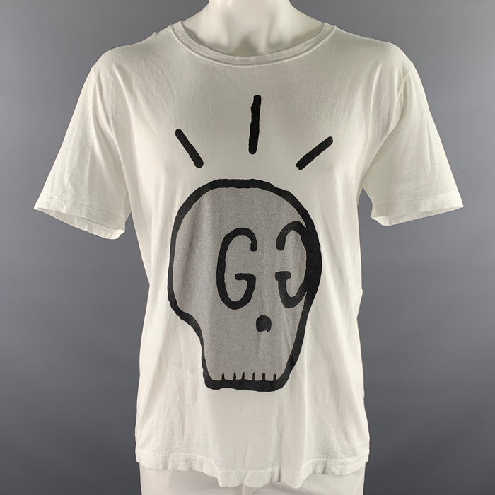 GUCCI Size XL White Grey Black Graphic Cotton Scoop Neck T-shirt