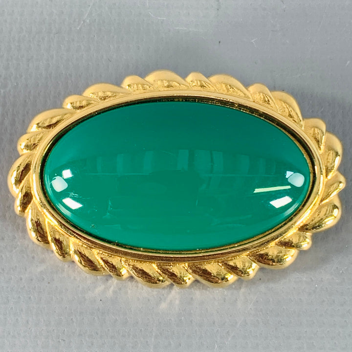 MONET Vintage Green Gold Oval Enamel Brooch Pin