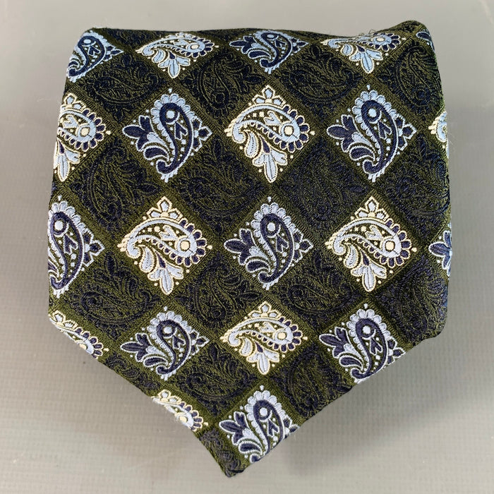 ERMENEGILDO ZEGNA Navy Blue Paisley Checkerboard Silk Tie