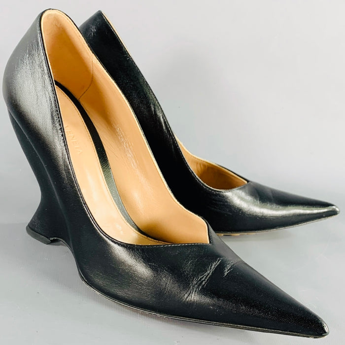 BOTTEGA VENETA Size 7.5 Black Leather Wedge Pumps