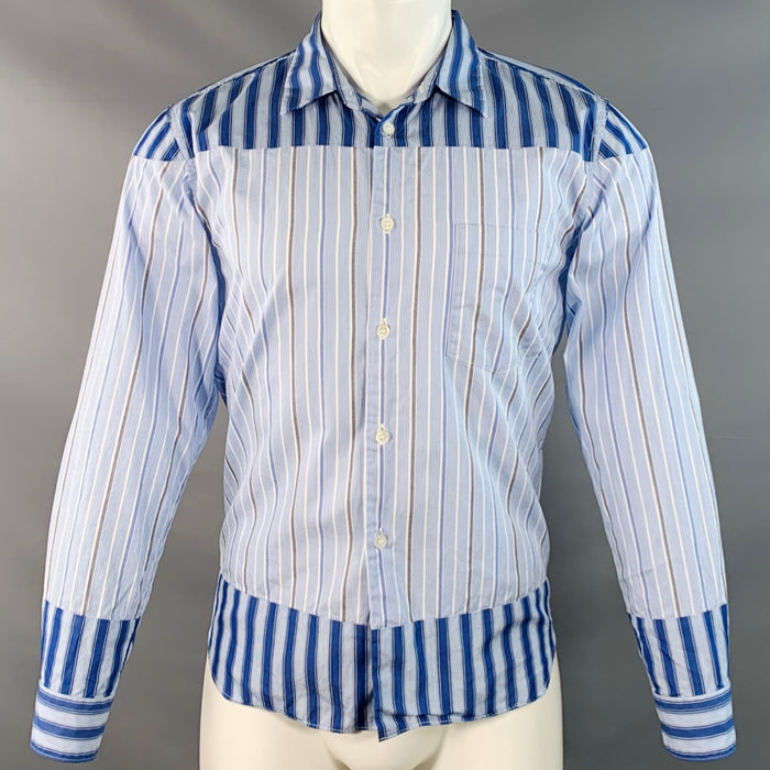 COMME des GARCONS Size S Blue White Stripe Cotton Patchwork Long Sleeve Shirt