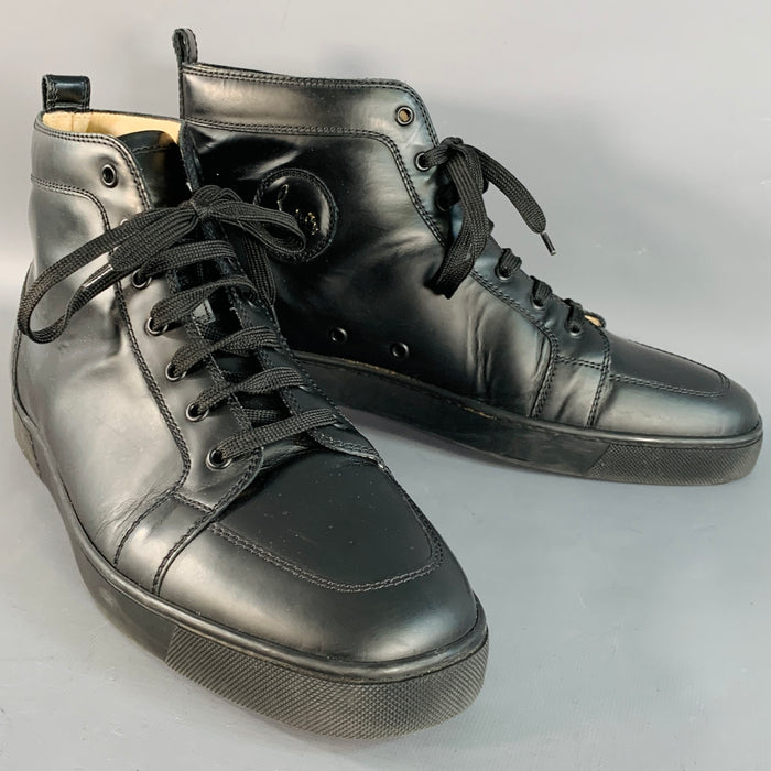 CHRISTIAN LOUBOUTIN Size 13 Louis Black Leather High Top Lace-Up Sneakers