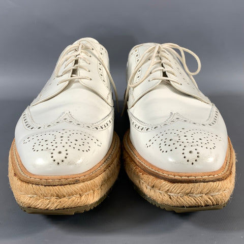 PRADA Size 8.5 White Perforated Leather Wingtip Lace Up Shoes