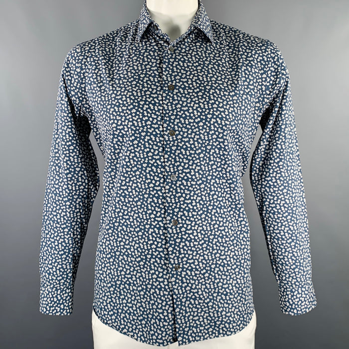 PAUL SMITH Size L Blue White Floral Cotton Spread Collar Long Sleeve Shirt
