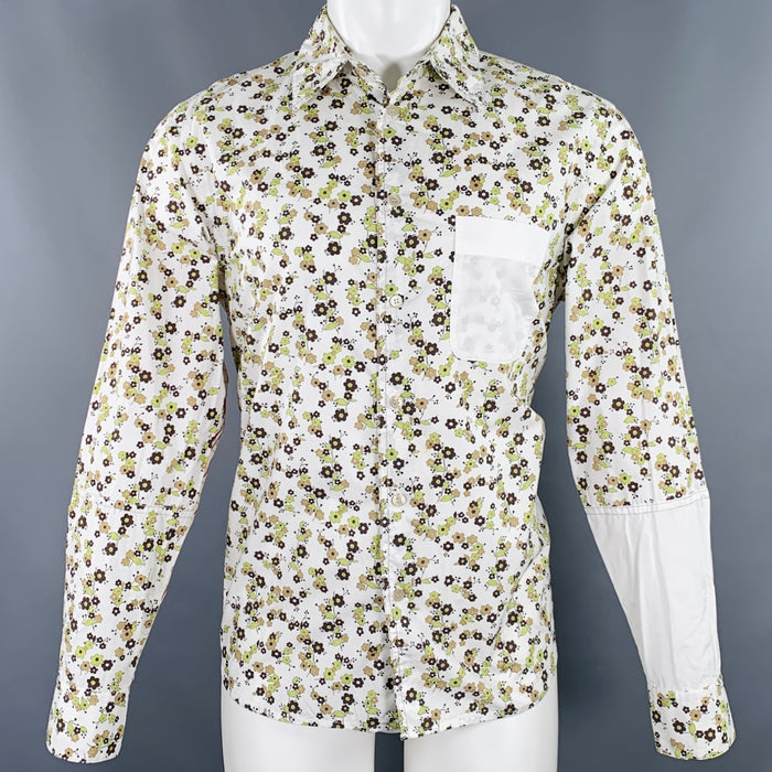 MARNI Size 36 White Green Brown Floral Cotton One Pocket Long Sleeve Shirt