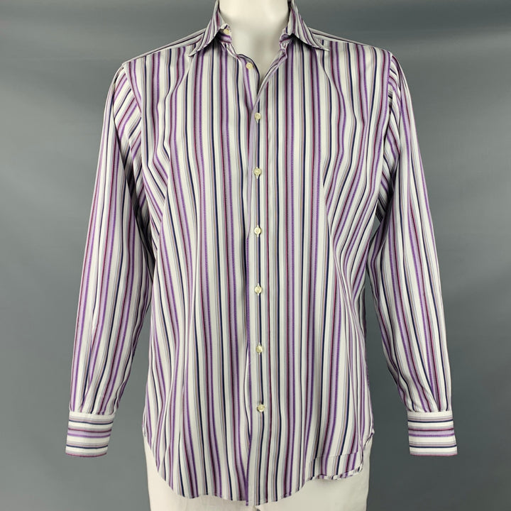 ETRO Size L White Purple Stripe Cotton Button Up Long Sleeve Shirt