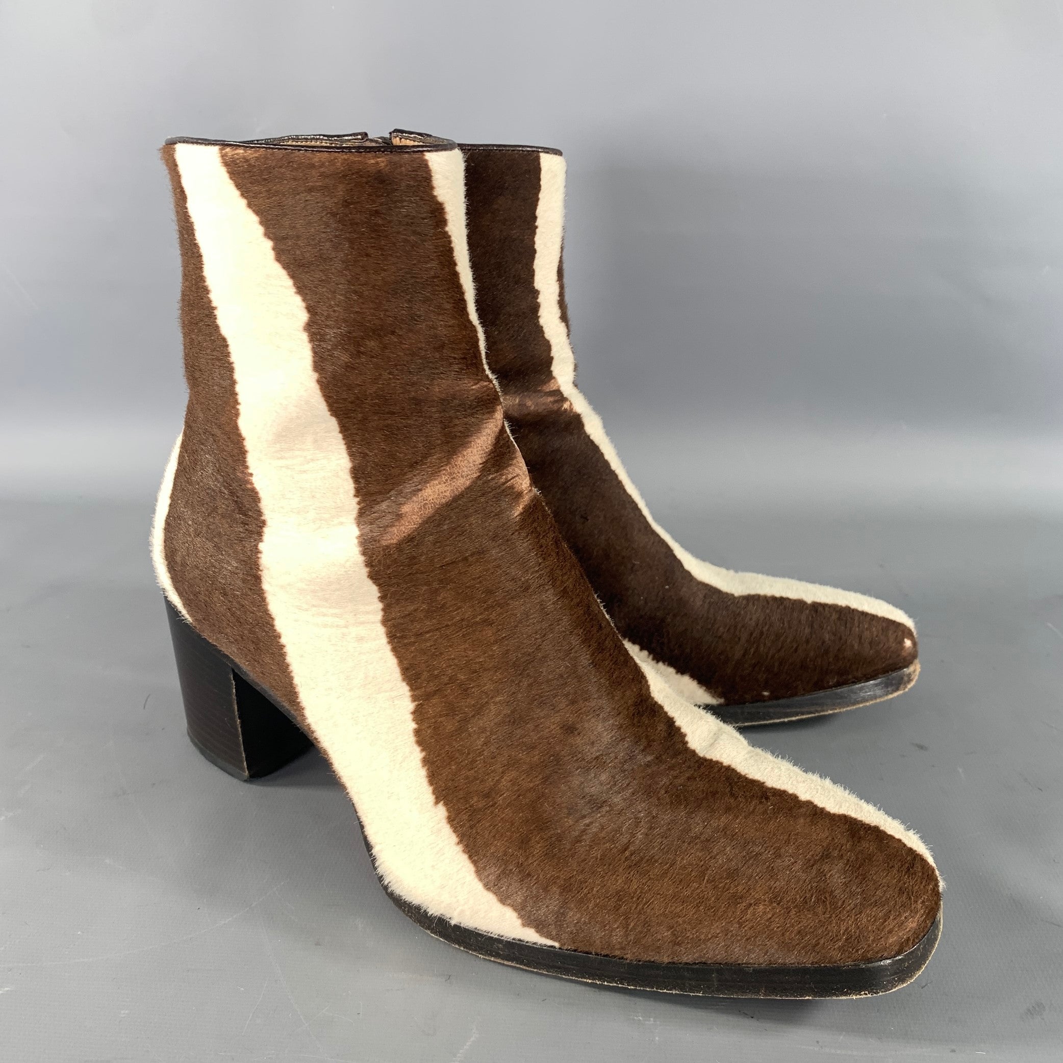 LOUBOUTIN Size 9 Brown Cream Stripe Leather Zip up heel 