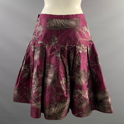OSCAR DE LA RENTA F2008 Size 8 Purple Silver Silk & Metal Floral Pleated Skirt