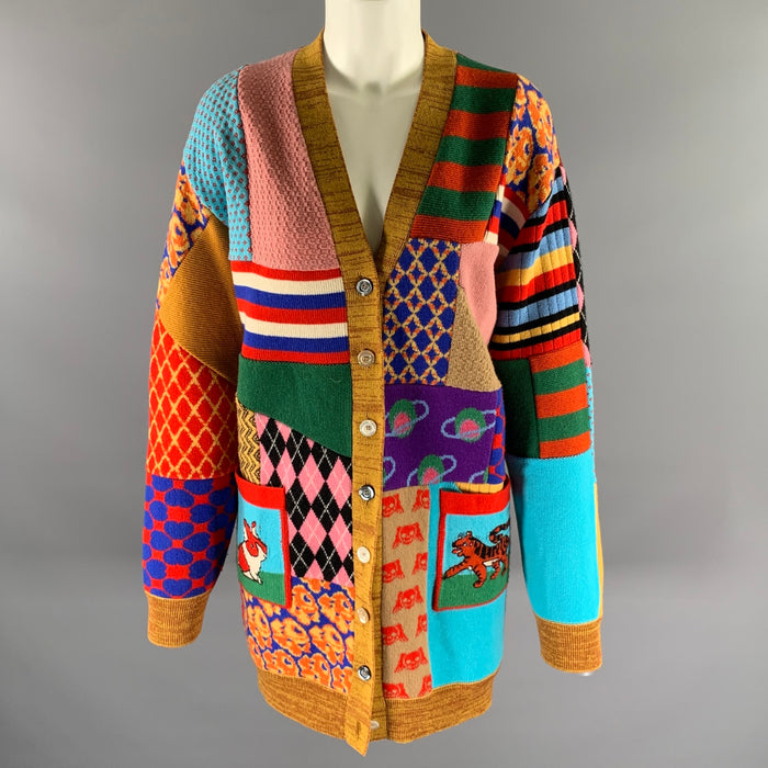 GUCCI Size XL Camel Wool Blend Patchwork Cardigan
