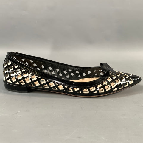 PRADA Size 6.5 Black White Leather Cut Out Pointed Toe Flats