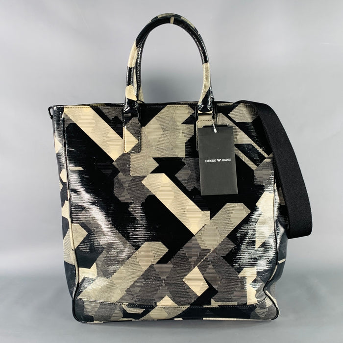 EMPORIO ARMANI Size Black Grey Beige Print Leather Tote Bag