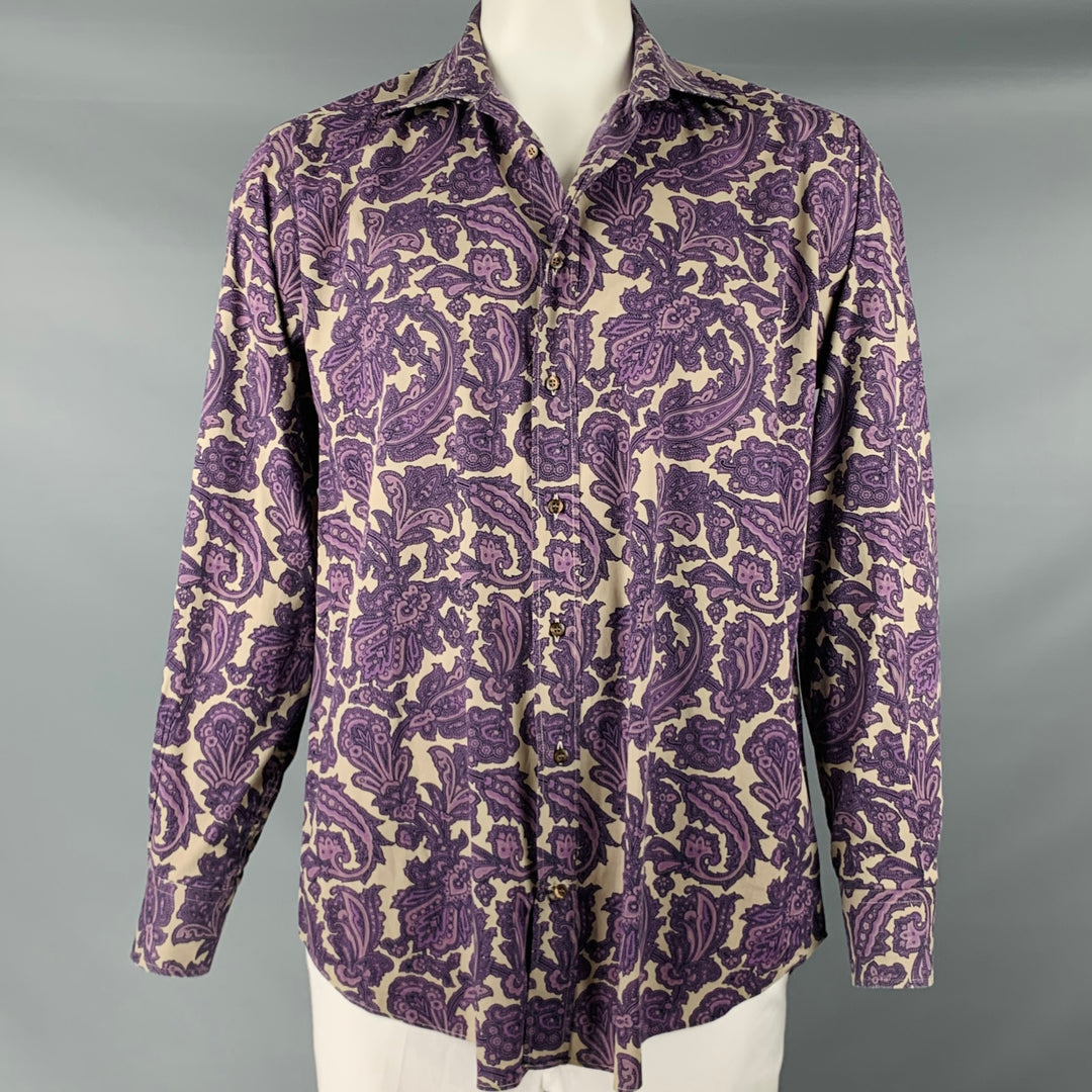 ETRO Size L Purple Khaki Paisley Cotton Blend Button Up Long Sleeve Shirt
