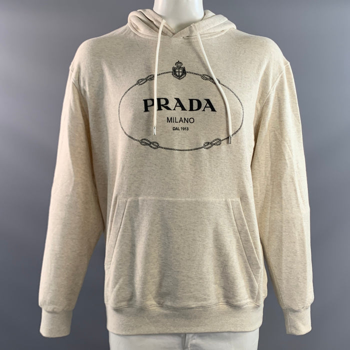 PRADA Size L Beige Logo Cotton Hooded Sweatshirt