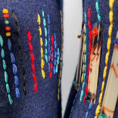 CAROLINA HERRERA Size 6 Blue Multi Color Wool Beaded Back Zip Dress