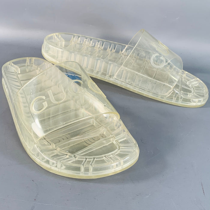 GUCCI Size 10.5 Clear Transparent Logo Rubber Slide Sandals