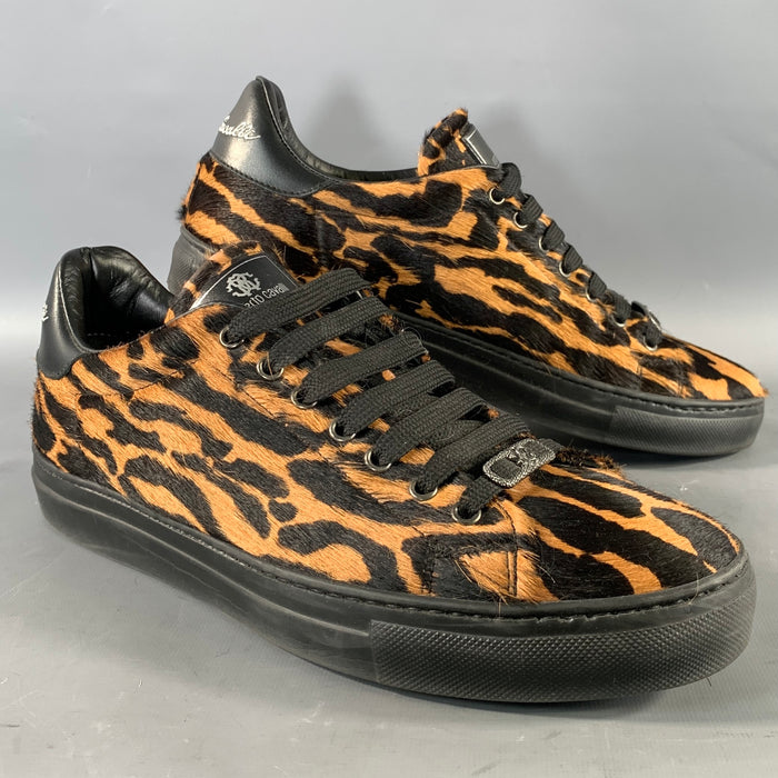 ROBERTO CAVALLI Size 11 Brown Black Animal Print Pony Hair Low Top Sneakers