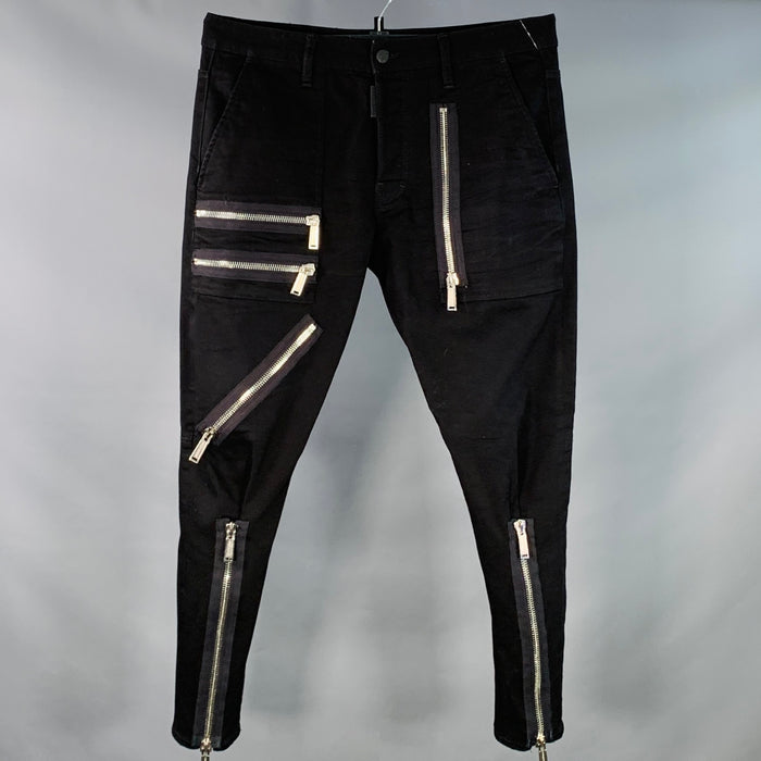 DSQUARED2 Size 34 Black Silver Denim Zippers Button Fly Biker Casual Pants
