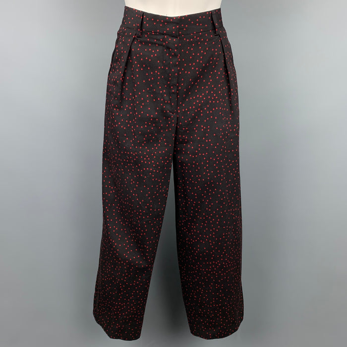 DRIES VAN NOTEN Size 6 Black & Red Star Print Cotton Wide Leg Dress Pants