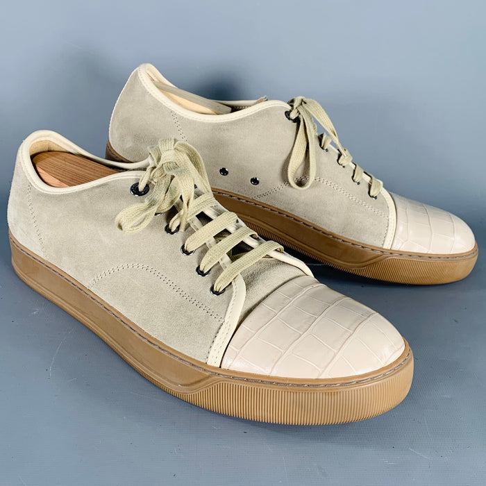 LANVIN Size 11 Beige Taupe Mixed Materials Suede Cap Toe Sneakers