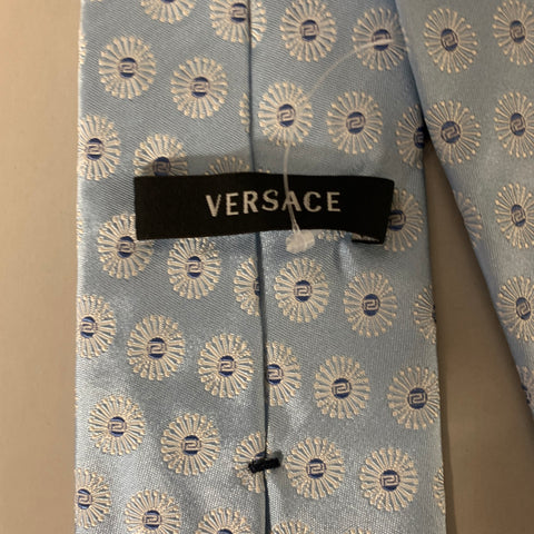 VERSACE Blue White Geometric Silk Tie