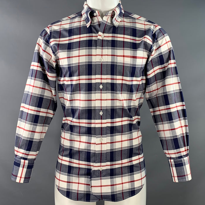 BLACK FLEECE Size S White Navy Red Plaid Cotton One Pocket Long Sleeve Shirt