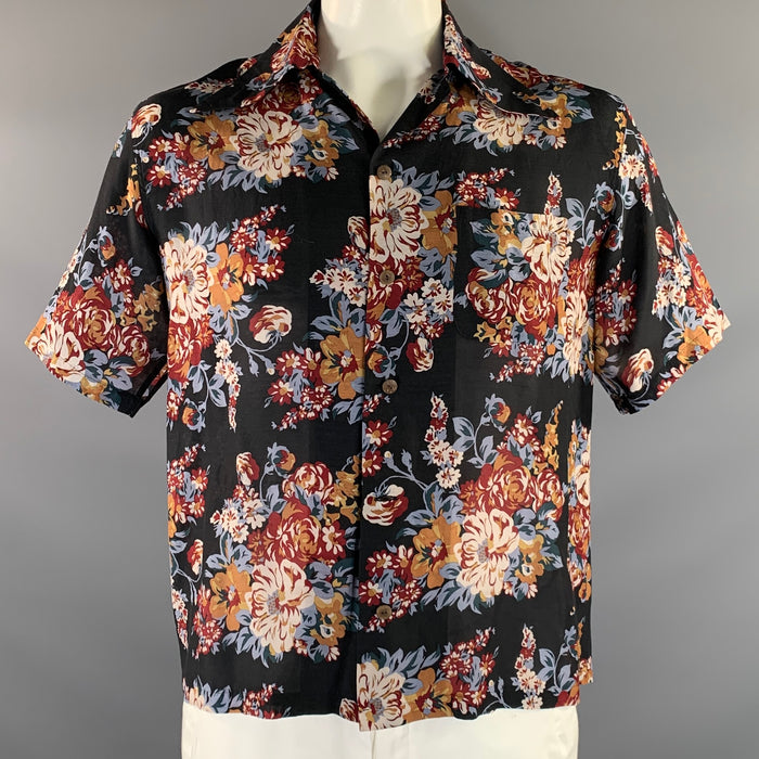 KAPITAL Size L Black Multi Color Floral Cupro & Silk Short Sleeve Shirt