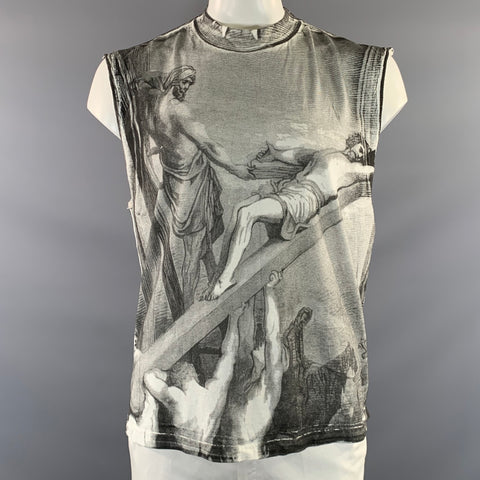 AZYRUM Size L White Grey Graphic Cotton Crew Neck Tank Top