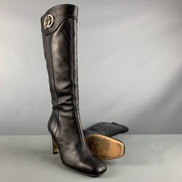 GUCCI Size 6.5 Black Gold Leather Side Zipper Boots