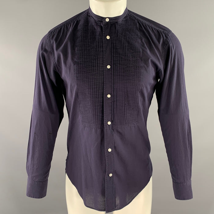 RALPH LAUREN Size S Navy Pleated Cotton Band Collar Long Sleeve Shirt