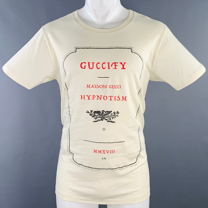 GUCCI Size S Guccify Hypnotism Cream Red Black Print Cotton Crew Neck T-shirt