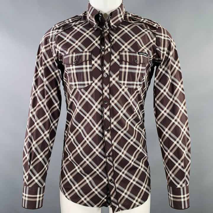 DOLCE & GABBANA Size S Brown Grey Plaid Cotton Two Pockets Long Sleeve Shirt