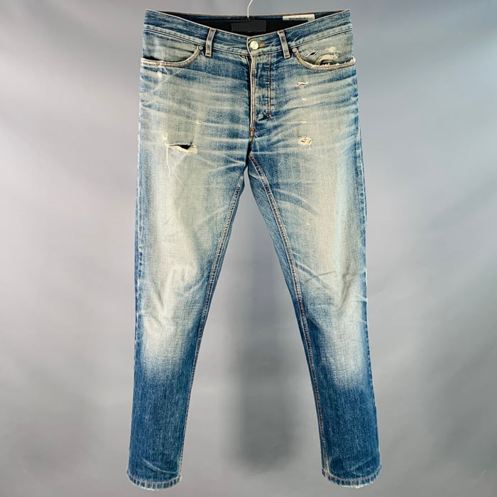 YVES SAINT LAURENT Size 32 Blue Distressed Cotton Slim Straight Button Fly Jeans