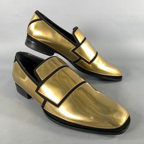 JIMMY CHOO Size 7.5 Gold Black Metallic Leather Slip On Loafers