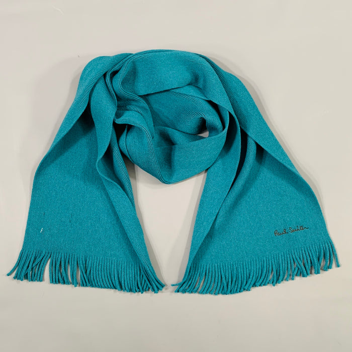 PAUL SMITH Blue Teal Knit Virgin Wool Fringe Scarf