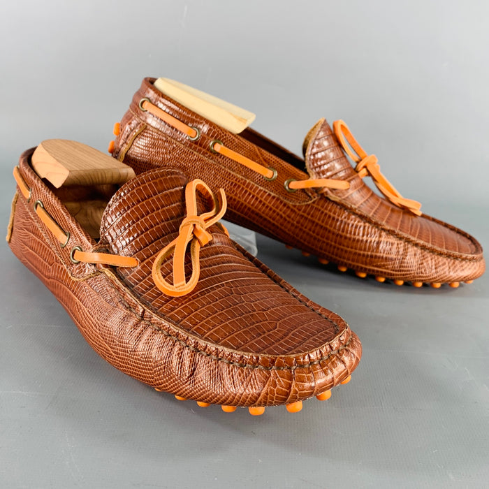 ETRO Size 8 Brown Cognac Embossed Leather Drivers Loafers