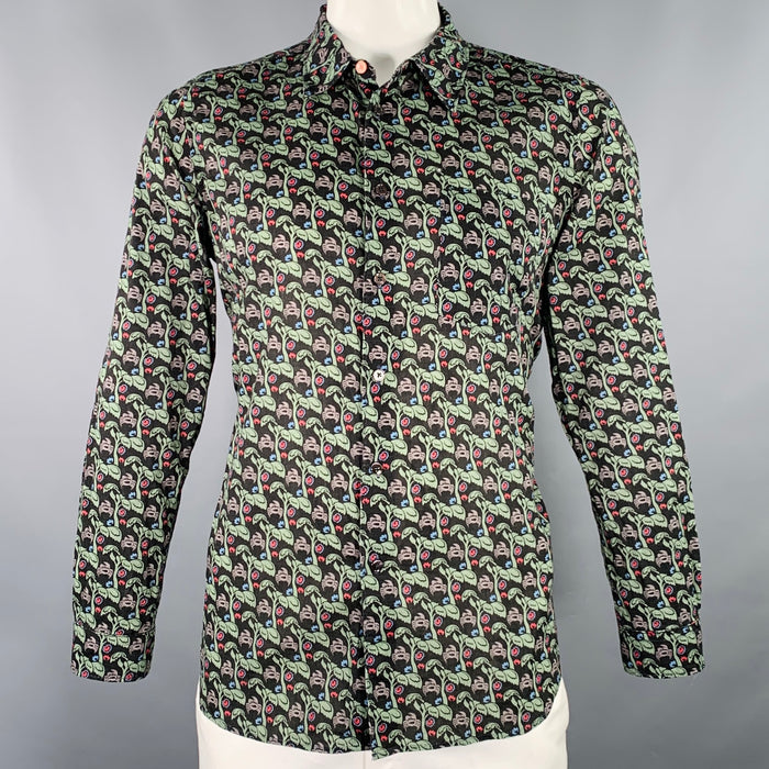 PS by PAUL SMITH Size L Black Green Trees Cotton One pocket Long Sleeve Shirt