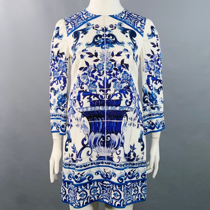DOLCE & GABBANA Size 10 Blue White Silk Blend Long Sleeve Mini Dress