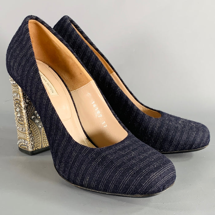 DRIES VAN NOTEN Size 7 Navy Silver Stripe Rhinestone Chunky Heel Pumps