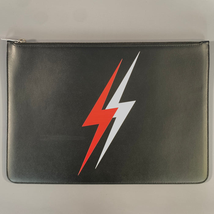 NEIL BARRETT SS2016 Black Red Lightning Bolt Leather Pouch Bag