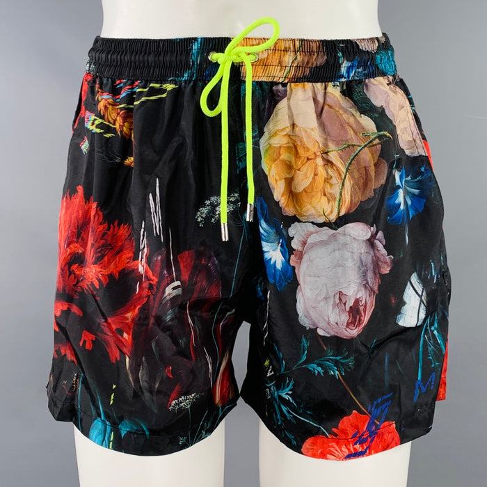 PAUL SMITH Size L Black Multi Color Floral Polyester Drawstring Swim Trunks