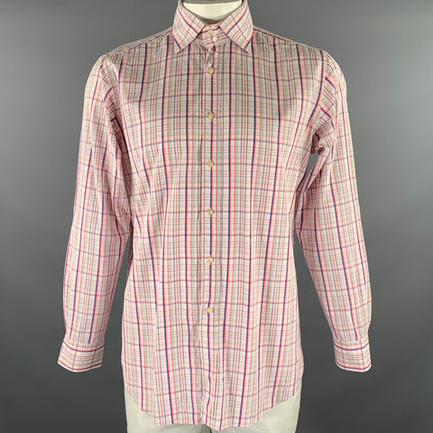 ETRO Size XL Pink Blue Green Plaid Cotton Long Sleeve Shirt