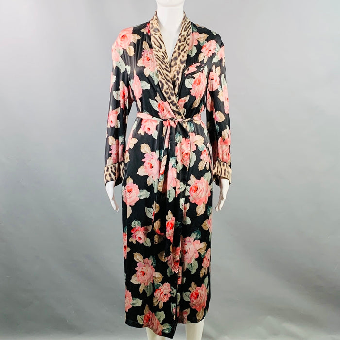 R13 Size XS Black Multi Color Silk Floral Shawl Collar Smoking Robe
