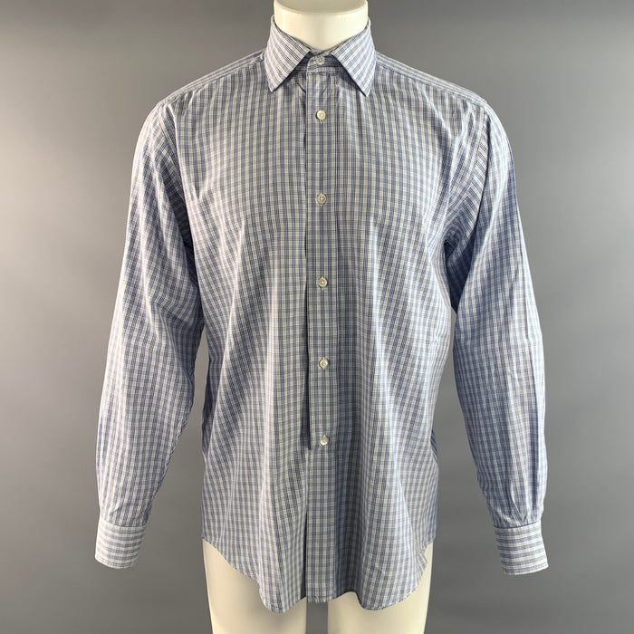 HERMES Size M Blue White Plaid Cotton Spread Collar Long Sleeve Shirt