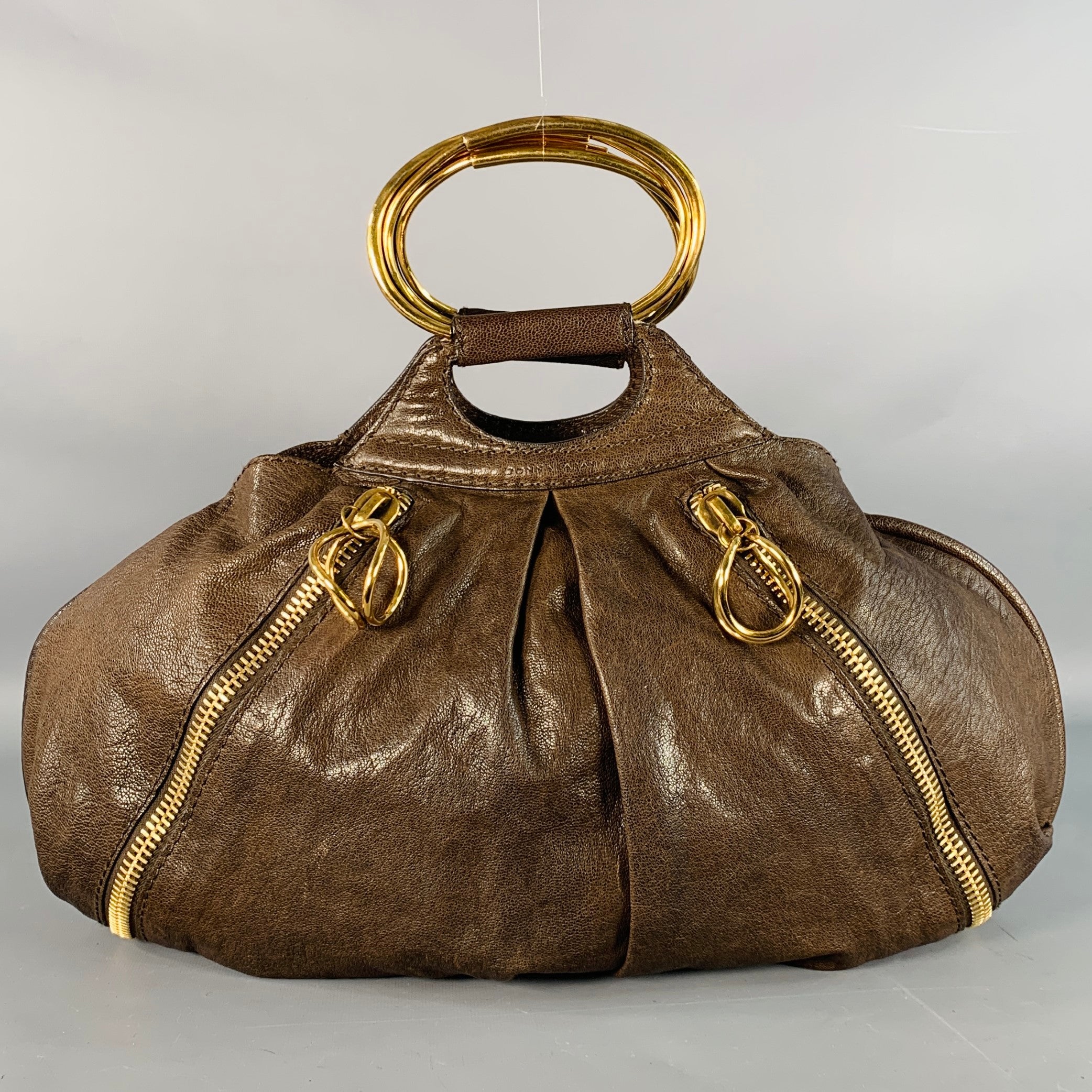 DONNA KARAN Brown Gold Goatskin Leather Top Handles Zippers