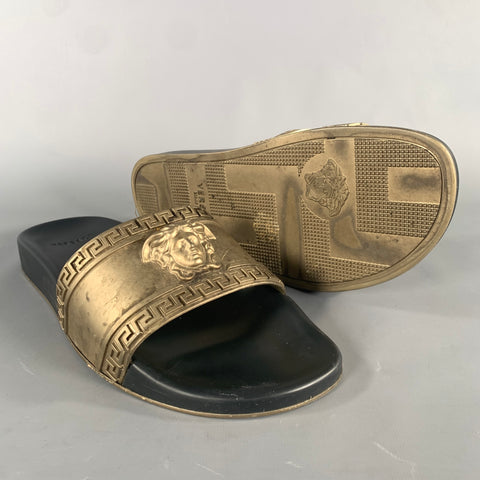 VERSACE Size 9 Gold Black Greca Rubber Slide Sandals